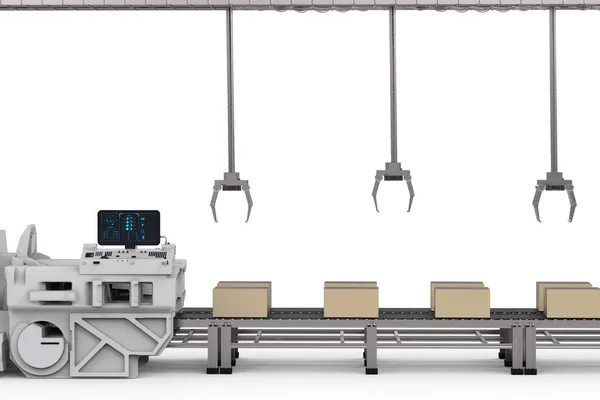 공장에 컨베이어에 상자와 로봇 팔 — 스톡 사진