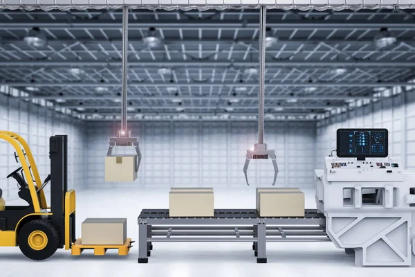 Роботы, работающие с картонными коробками и погрузчиками — стоковое фото