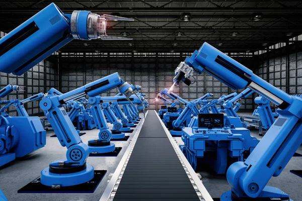 Роботы с конвейерной линией — стоковое фото