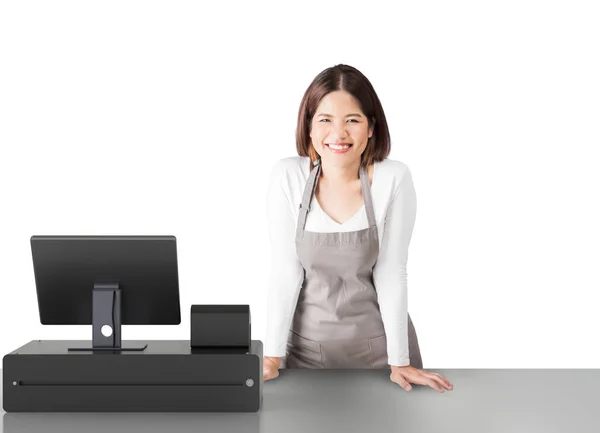 Asian worker with cashier desk — Stock Photo, Image