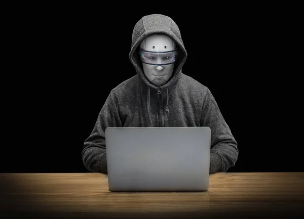 Robô hacker trabalhando com notebook computador — Fotografia de Stock