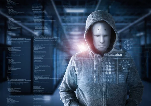 Robô hacker na sala do servidor — Fotografia de Stock