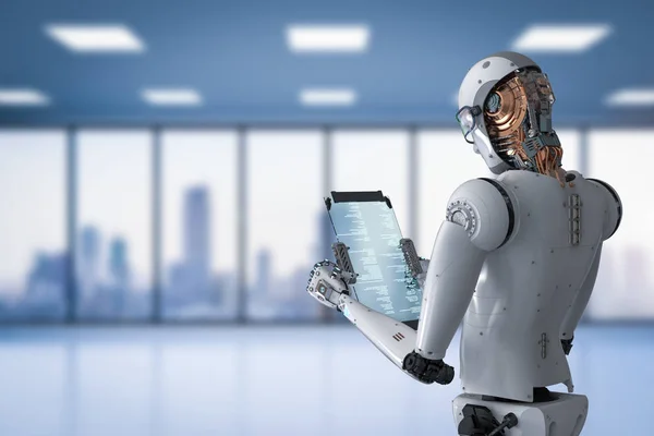 Robô trabalhando com tablet digital — Fotografia de Stock
