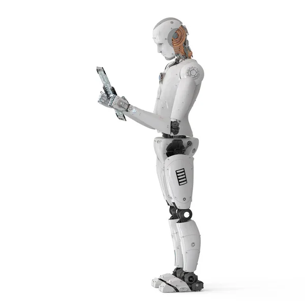 Robot care lucrează cu tabletă digitală — Fotografie, imagine de stoc