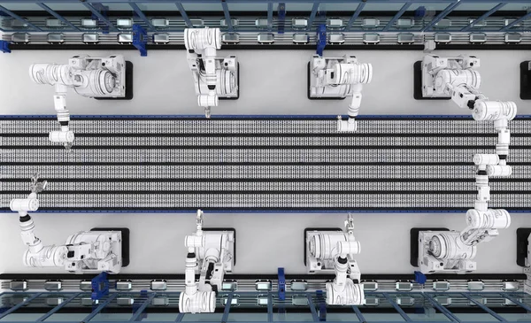 Braços robóticos com linha transportadora — Fotografia de Stock