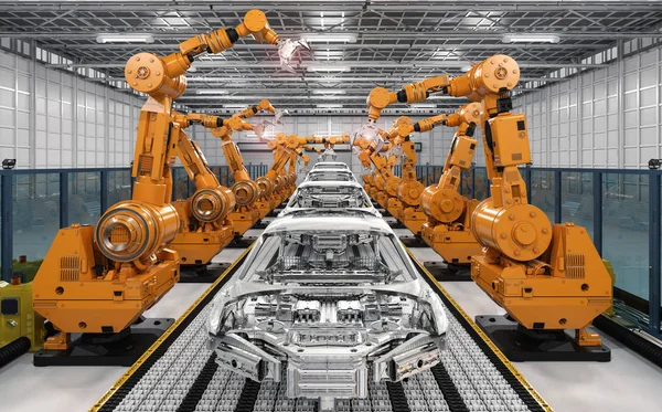 Linea di assemblaggio robot in fabbrica di auto — Foto Stock