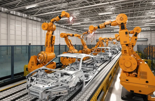 Линия сборки роботов на автомобильном заводе — стоковое фото