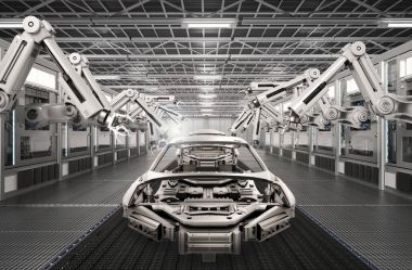 robot assembly line in car factory clipart