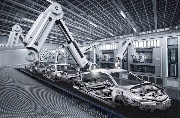 Linha de montagem robô na fábrica de carros — Fotografia de Stock