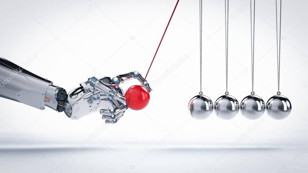 robot hand holding newton cradle