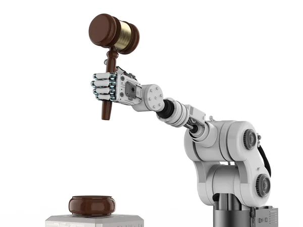 Mano robótica sosteniendo martillo juez — Foto de Stock