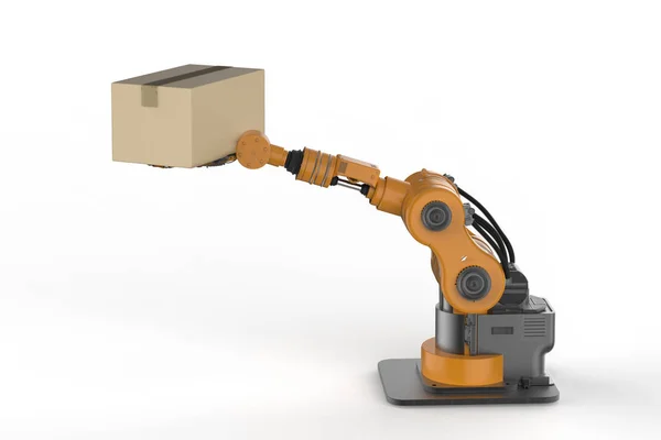 Braço robô trabalhando com caixa de papelão — Fotografia de Stock