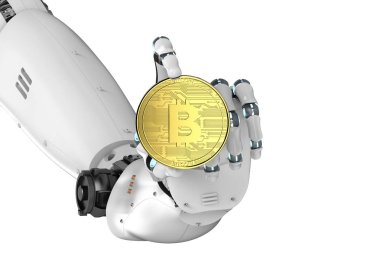 Robot holding altın bitcoin