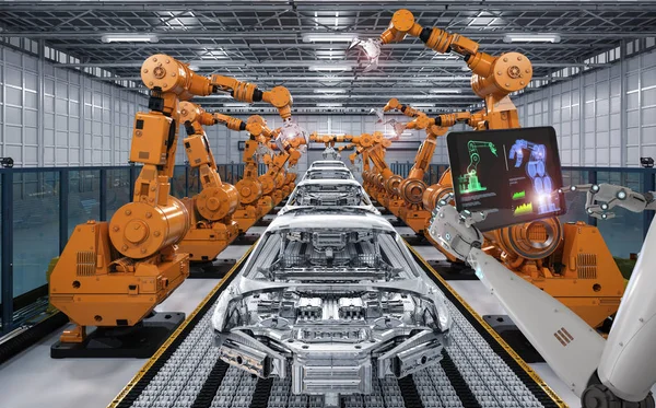 Linea di assemblaggio robot di controllo cyborg — Foto Stock