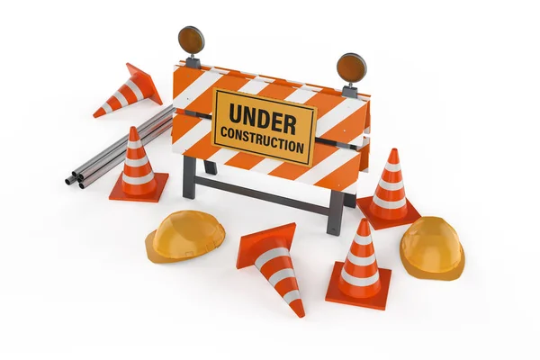 Sob sinal de construção com barreira e cones — Fotografia de Stock
