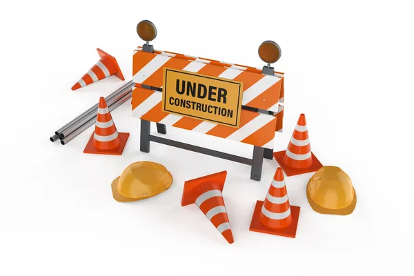 Under construction sign with barrier and cones — Stock Photo, Image