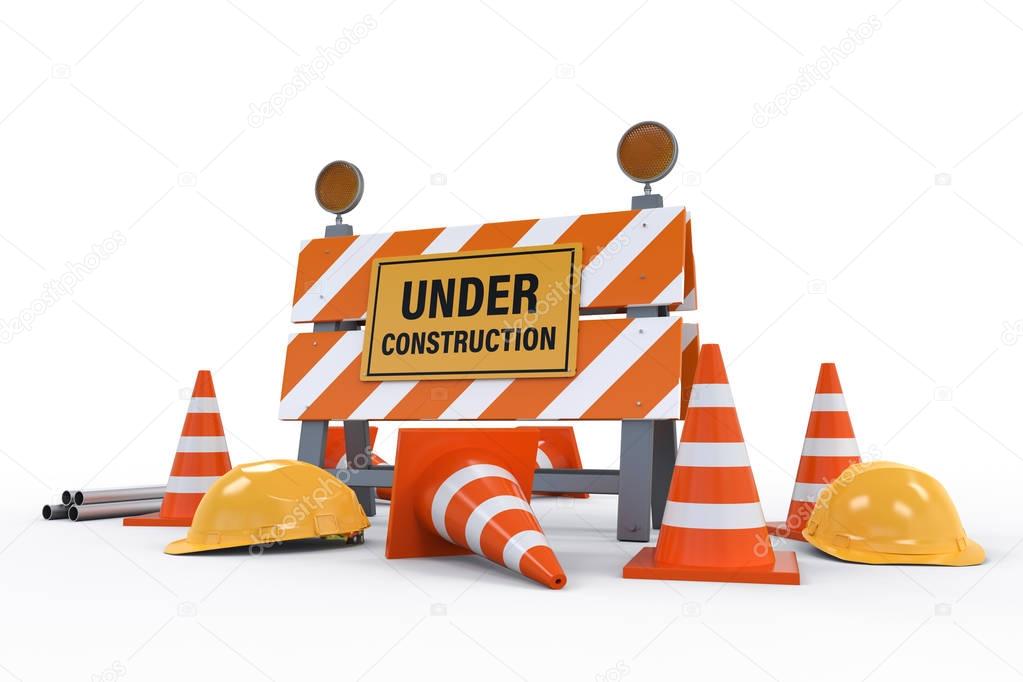 under construction sign with barrier and cones
