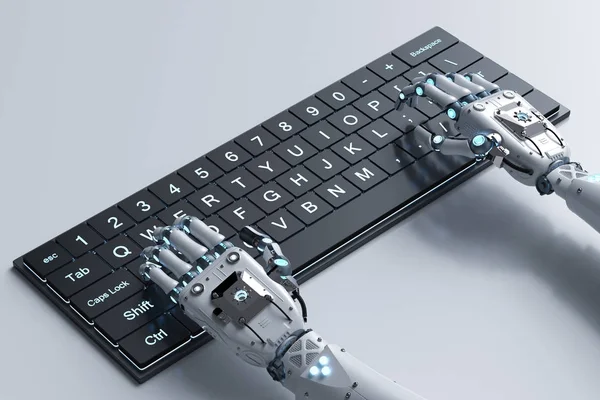 3D-Rendering Roboterhand, die mit Computertastatur arbeitet — Stockbild Roboterhand mit Tastatur — Stockfoto