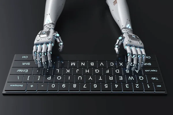 3D-Rendering Roboterhand, die mit Computertastatur arbeitet — Stockbild Roboterhand mit Tastatur — Stockfoto