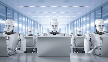 robotlar iş üstünde laptop