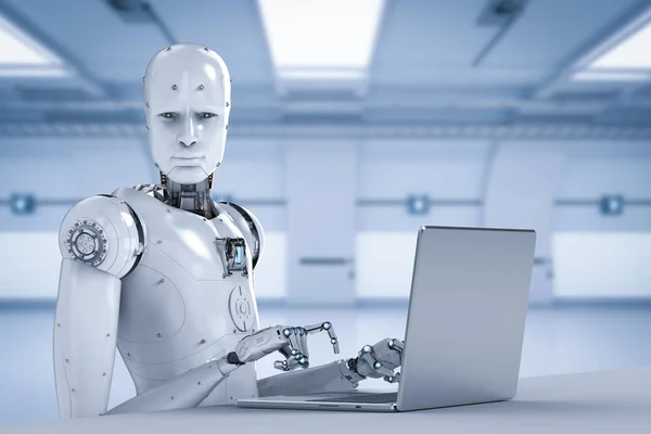 Robot werk op laptop — Stockfoto