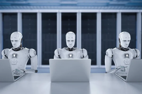 Robots werken op laptop — Stockfoto