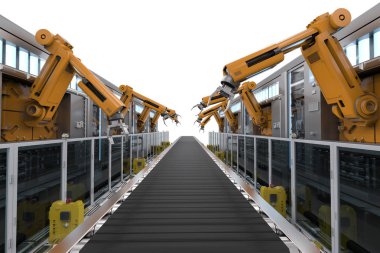 Robotik makineler ile konveyör 