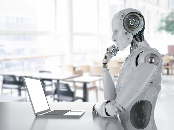 Robot working on laptop — Stock Photo, Image