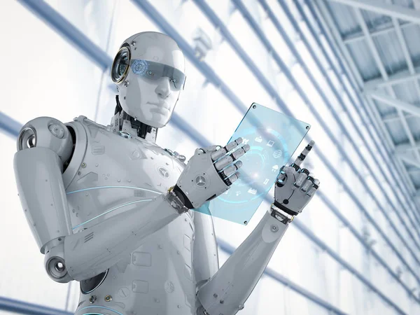 Robot with glass tablet — Stock Photo, Image
