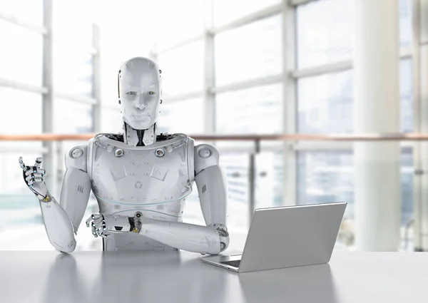 Robot werk op laptop — Stockfoto