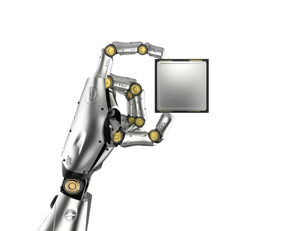 Cyborg holding cpu chip — Stock Photo, Image