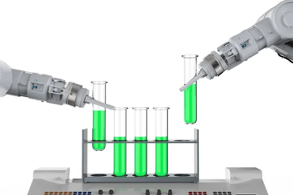 Manos robóticas trabajando en tubos de ensayo —  Fotos de Stock