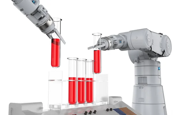 Mãos robóticas que trabalham em tubos de ensaio — Fotografia de Stock