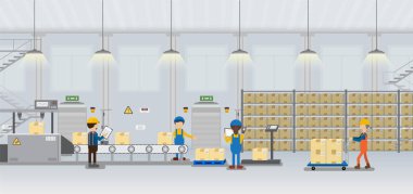 Makine ve konveyör kemer düz tasarım vektör illüstrasyon ile işçi çalışması ile fabrika üretim hattı