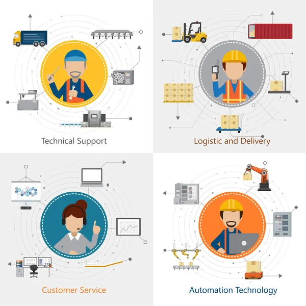 Departamento Industrial Cuatro Cuadrados Con Trabajadores Equipos Ilustración Vectorial Diseño — Archivo Imágenes Vectoriales