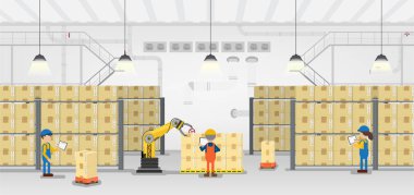 Düz tasarım vektör illüstrasyon çalışan işçiler ile süreç içinde Depo