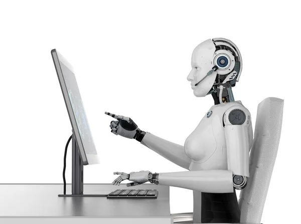 Vrouwelijke cyborg met computer — Stockfoto
