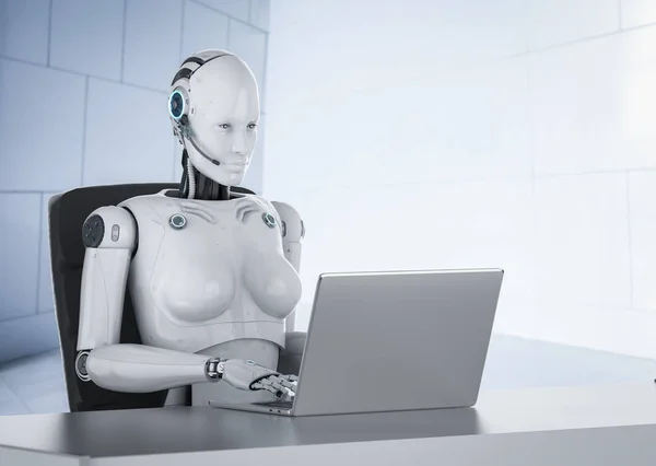 Ženský kyborg s počítačem — Stock fotografie
