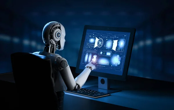 Ciborgue fêmea com computador — Fotografia de Stock