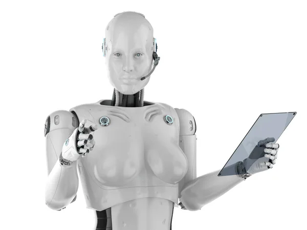 Vrouwelijke cyborg met glazen tablet — Stockfoto