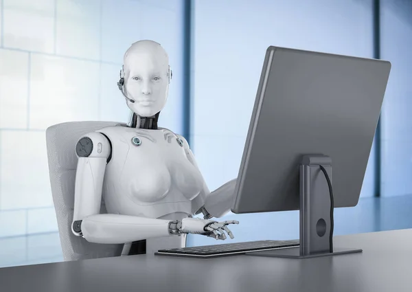 Cyborg-Weibchen mit Computer — Stockfoto