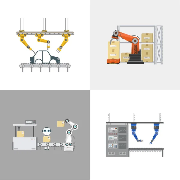 Quattro Robot Automazione Quadrata Disegno Piatto Illustrazione Vettoriale — Vettoriale Stock