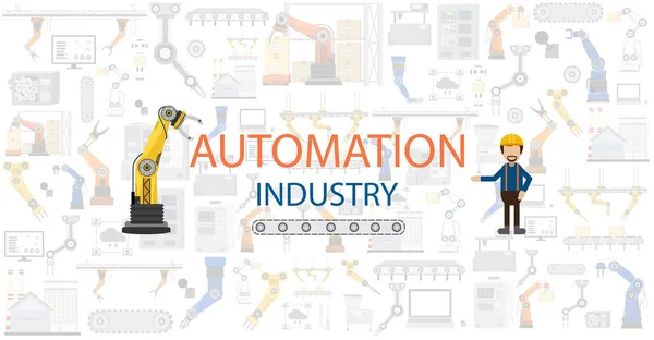 Automatisering Industrie Concept Met Robots Machines Platte Ontwerp Vector Illustratie — Stockvector