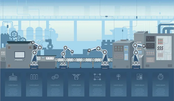 Concepto Industria Automatización Con Robots Máquinas Ilustración Vectorial Diseño Plano — Archivo Imágenes Vectoriales