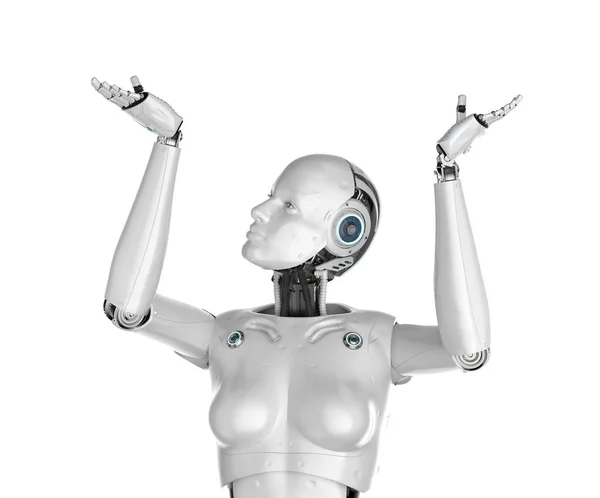 Female cyborg open hand above shoulder — Stock Photo, Image