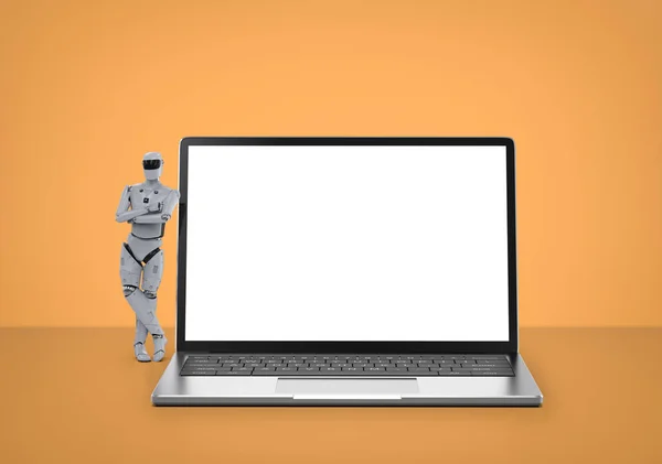 Cyborg inteligencia artificial o robot con pantalla en blanco notebo —  Fotos de Stock