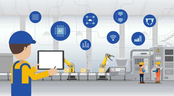 Automatisering Industrie Concept Met Werknemers Controle Robots Machines Platte Ontwerp — Stockvector
