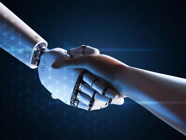 机器人与人类握手 — 图库照片