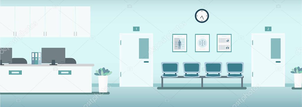 Hospital interior with counter and waiting area vector illustration