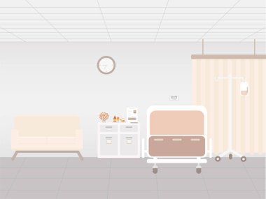 Hastane içi yatak ve konfor vektör illüstrasyonlu yatak odasında.